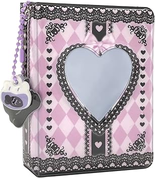 3 Inch Black & Pink Mini Photo Album, Lace Heart Heart Hollow Card Binder Photo Album Kpop Photo Card Holder with Pendant 40 Pockets
