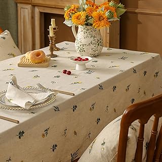 Linen Embroidered Tablecloth – Vintage Daisy Design with Tassels, Boho &...