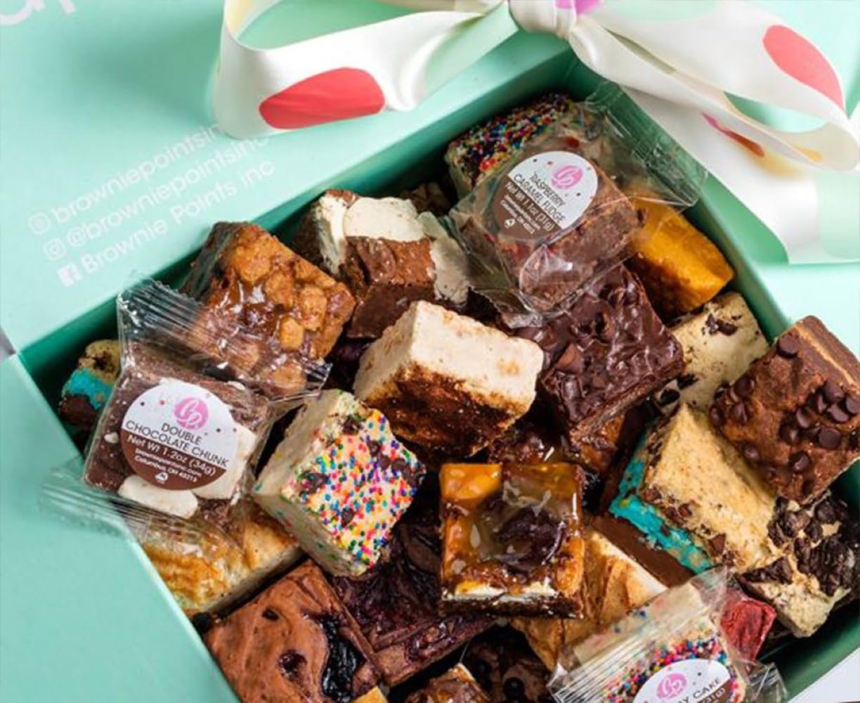 Brownie Points Baby Brownies, 8-Individually Wrapped, Fine and Fresh Ingredients, Perfect for Him, Her, Friends or Family. (Gift box and Bow with 8 Brownies - BP_BABY8) Fudge Chocolate Brownies, Baked from Scratch, Gourmet Sweet Desserts