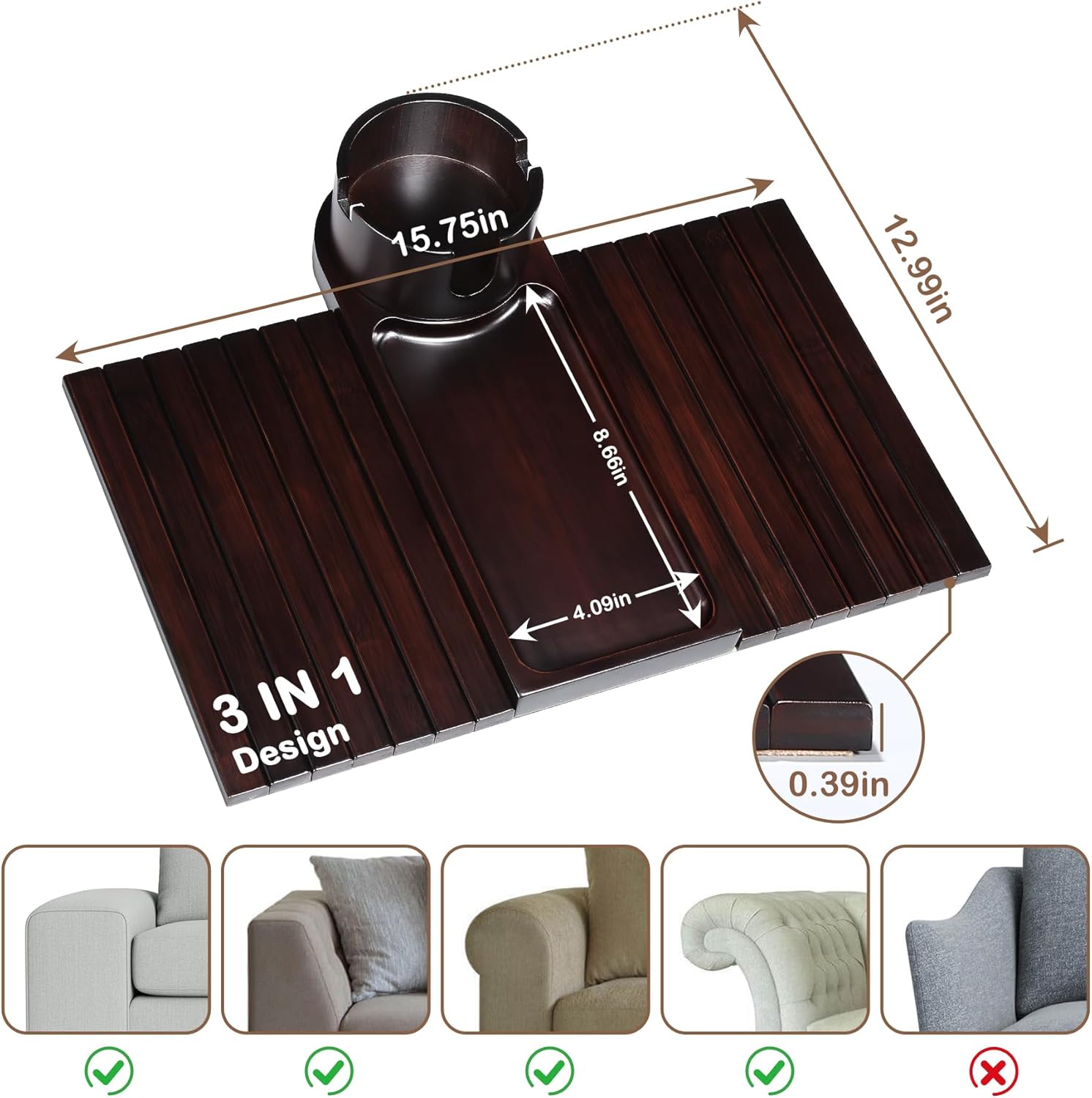 Couch Cup Holder for Armrests Over 4.9" Wide, Bamboo Couch Arm Tray with 360° Rotating Phone Stand, 3 in 1 Foldable Sofa Arm Tray Table for Remote, Snacks, Phone, Drinks Walnut Walnut+bamboo