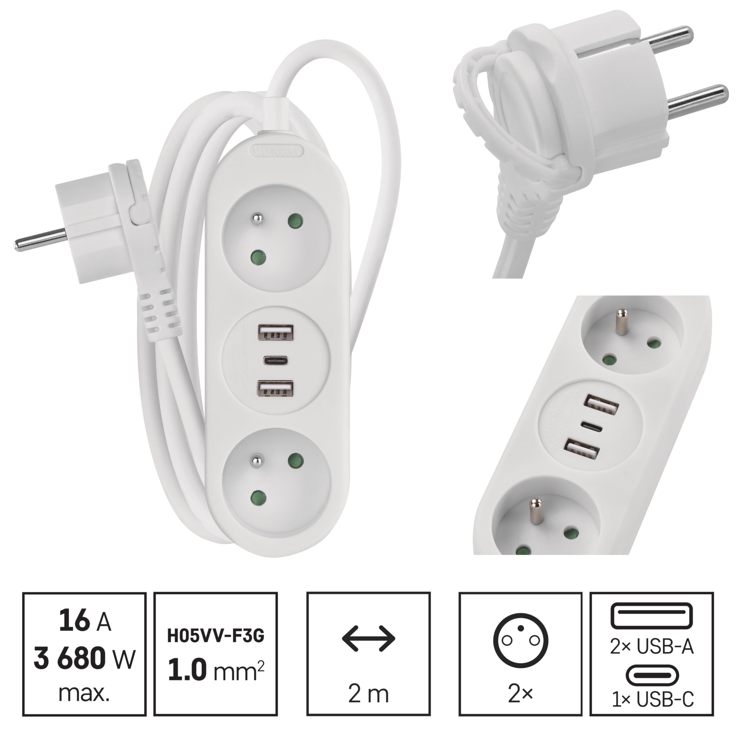 EMOS Listwa zasilająca z USB, 2-krotne gniazdko wielokrotne i 3 x port USB, przedłużacz 2 m, 2 x USB-A + 1 x złącze USB-C, maks. prąd ładowania 3,4 A, zwiększona ochrona przed dotykiem, IP20 do użytku