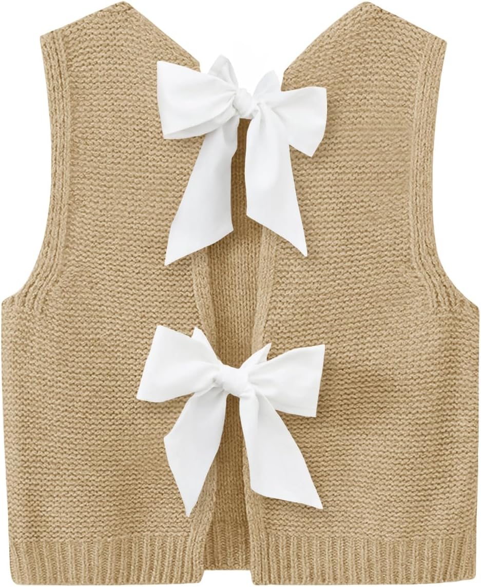 Imily Bela Womens Sweater Vest Top Summer Bow Tie Back Sleeveless Casual Knit Crop Tank Tops