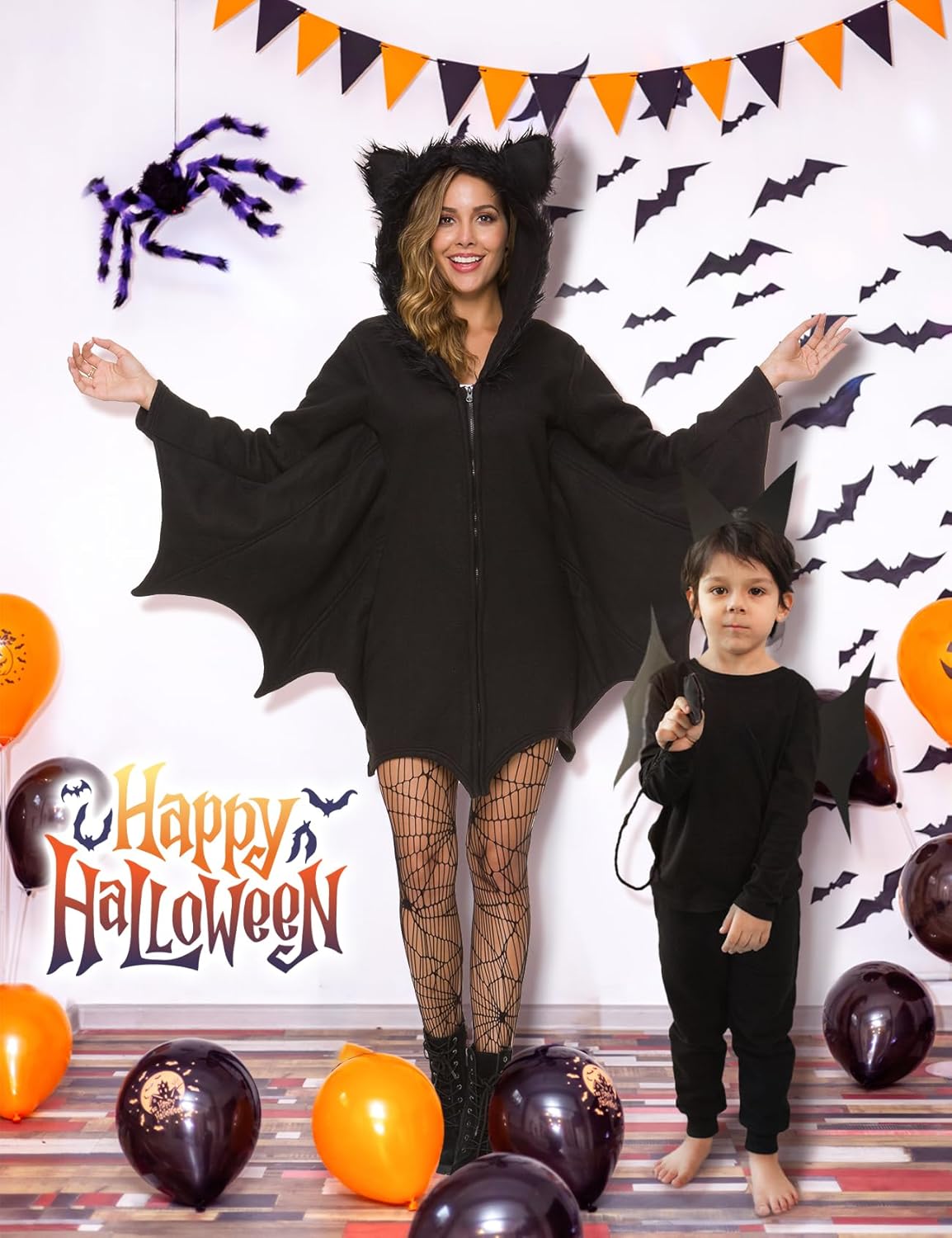 Bat Costume for Adult Women - Halloween Cozy Cute Dress With Black Animal Vampire Wings Hoodie Cosplay - Image 6