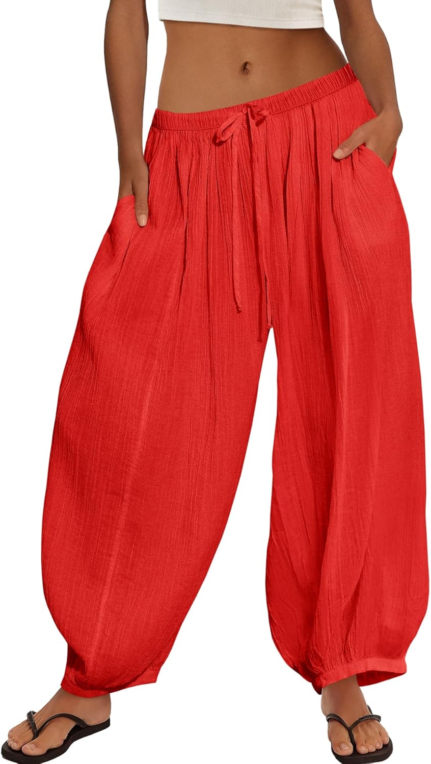 Yanekop Womens Beach Harem Pants Summer Palazzo Pants Flowy Sheer Wide Leg Trousers Vacation Clothes with Pockets - Image 2