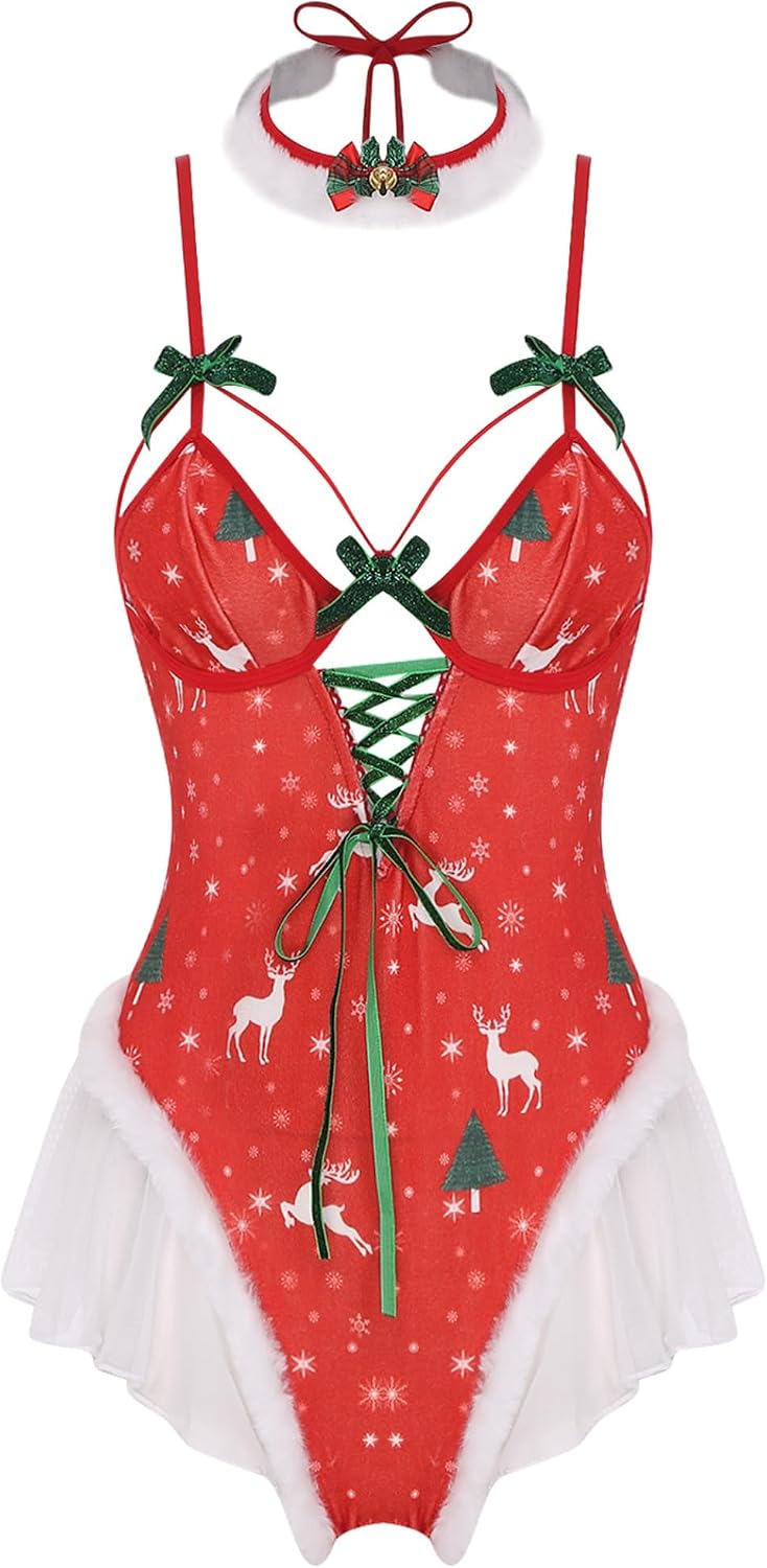 JEYPINMI Christmas Women’s Sexy Lingerie Set Print One-piece Xmas Bodysuit Nightwear Babydolls Sleepwear