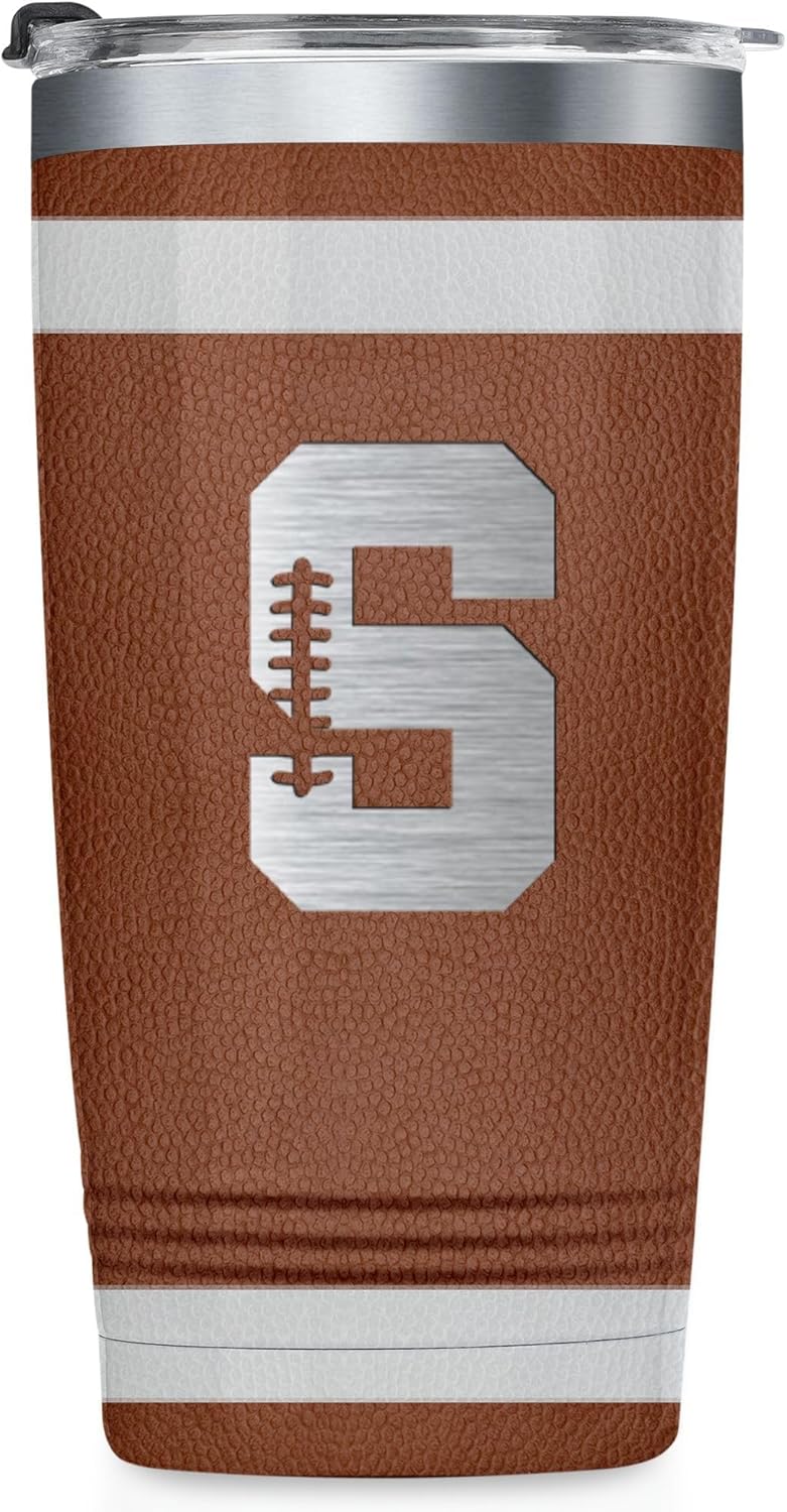 Onebttl Personalized Football Gifts for Teen Boys, Men, Coaches, 20oz Stainless Steel Tumbler with Laser Etched Initials for Football Players, Lovers – S