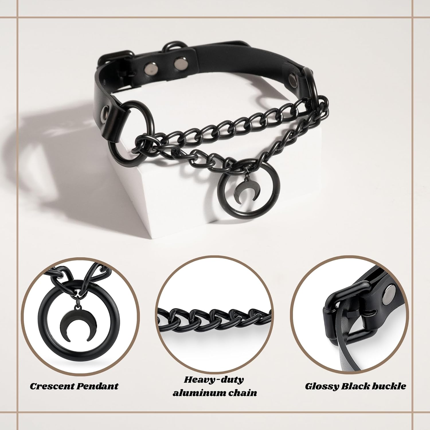 Black Gothic Chain Choker with O-ring and Moon Pendant, Punk Grunge Emo Leather Necklace For Women - Image 3
