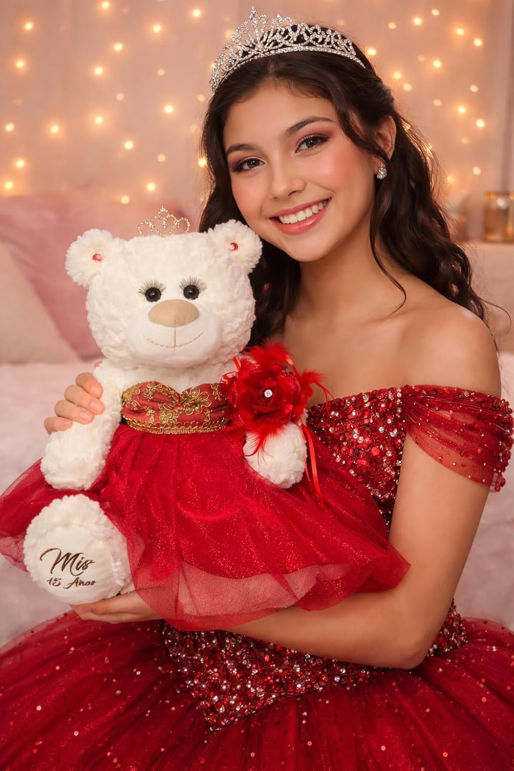 KINNEX COLLECTIONS SINCE 1997 Classic Size Quinceañera Bear with Elegant Dress – Gift-Ready Keepsake and Centerpiece Decoration for 15 Años, OSO Quinceañera Tradicional B14631-14G (RED/Gold)