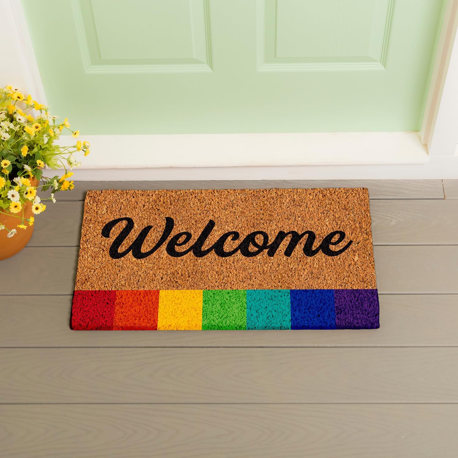 Evergreen Flag Welcome Pride Rainbow Coir Doormat | 28 x 16 inches | Dirt Catching Natural Coir | All-Season | Non-Slip Backing | Indoor and Outdoor Home Decor