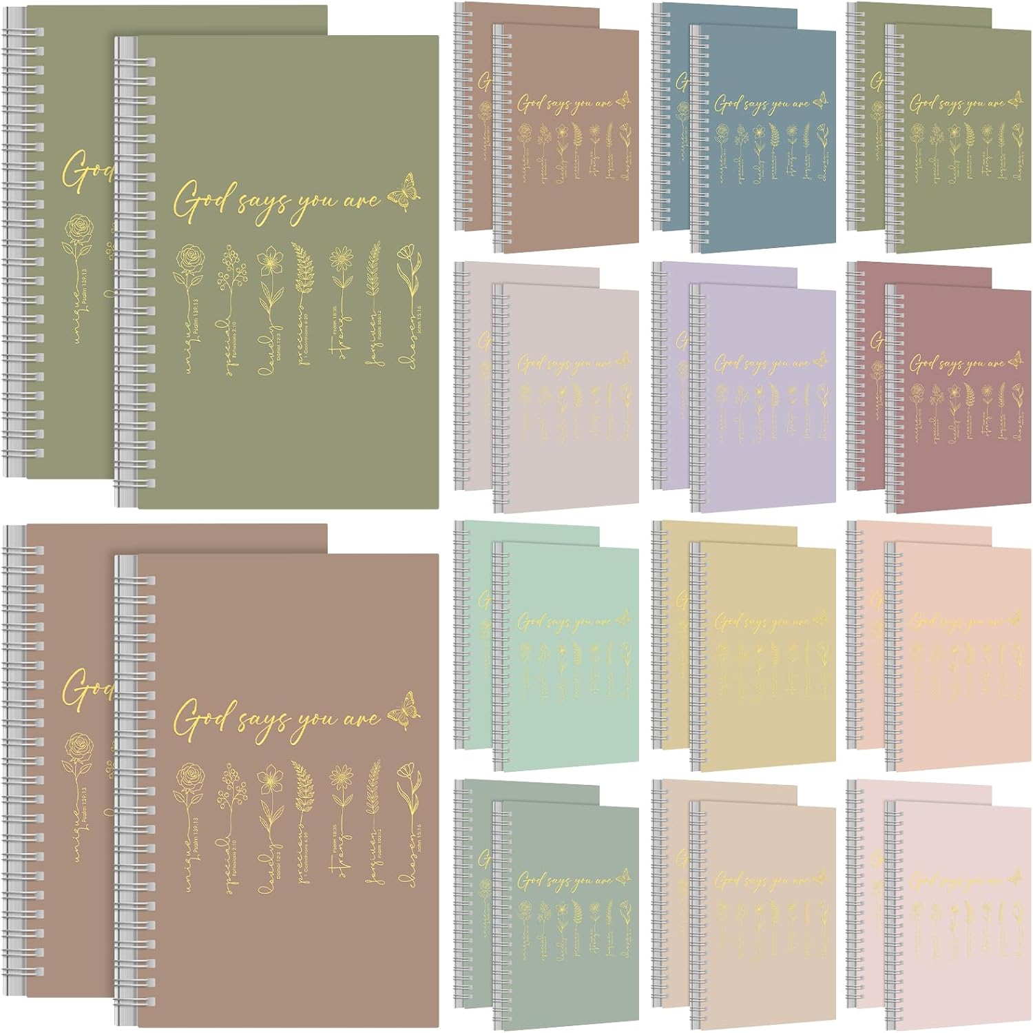 MotiMind 24 Pcs Floral Christian Spiral Notebook Set Christian Gifts for Women God Says You Are Bible Verse Inspirational Prayer Journal with Gold Foil Cover for Church 5.5" x 8.3" (Morandi)