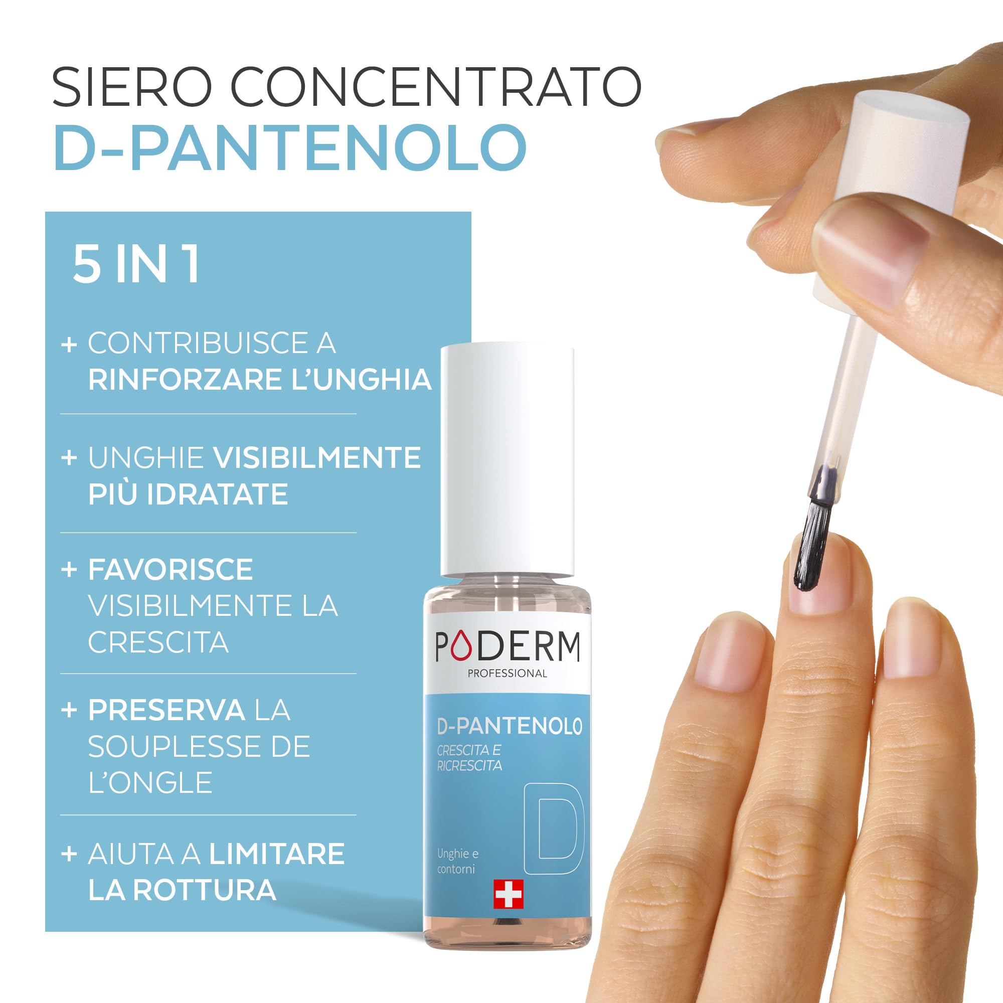 Poderm 5 in 1 Siero Booster Unghie - D-Pantenolo | Trattamento Rinforzante & Crescita per Unghie Fragili - 6 ML | Favorisce Limita la Rottura | 100% Naturale - Sviluppato da un Podologo in Svizzera