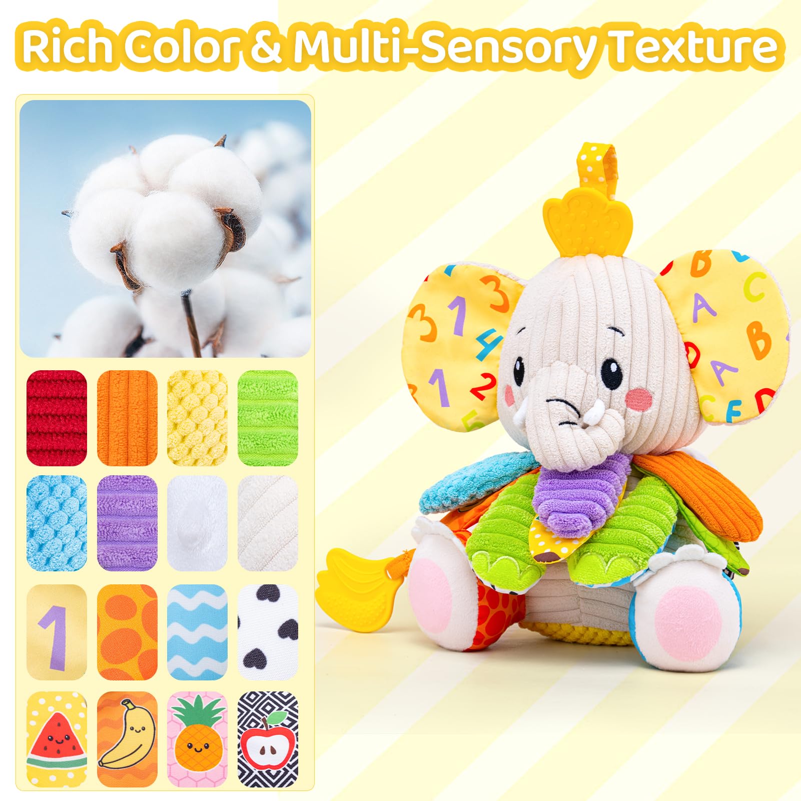 Baby Toys 3-6 Months, Musical Stuffed Elephant Toddler Toy for Newborn Infant 3 6 9 12 Months, Tummy Time Toys Montessori Sensory Toys 0-6 6-12 Months, Crinkle Paper, Mirror Soothing Music Shower Gift