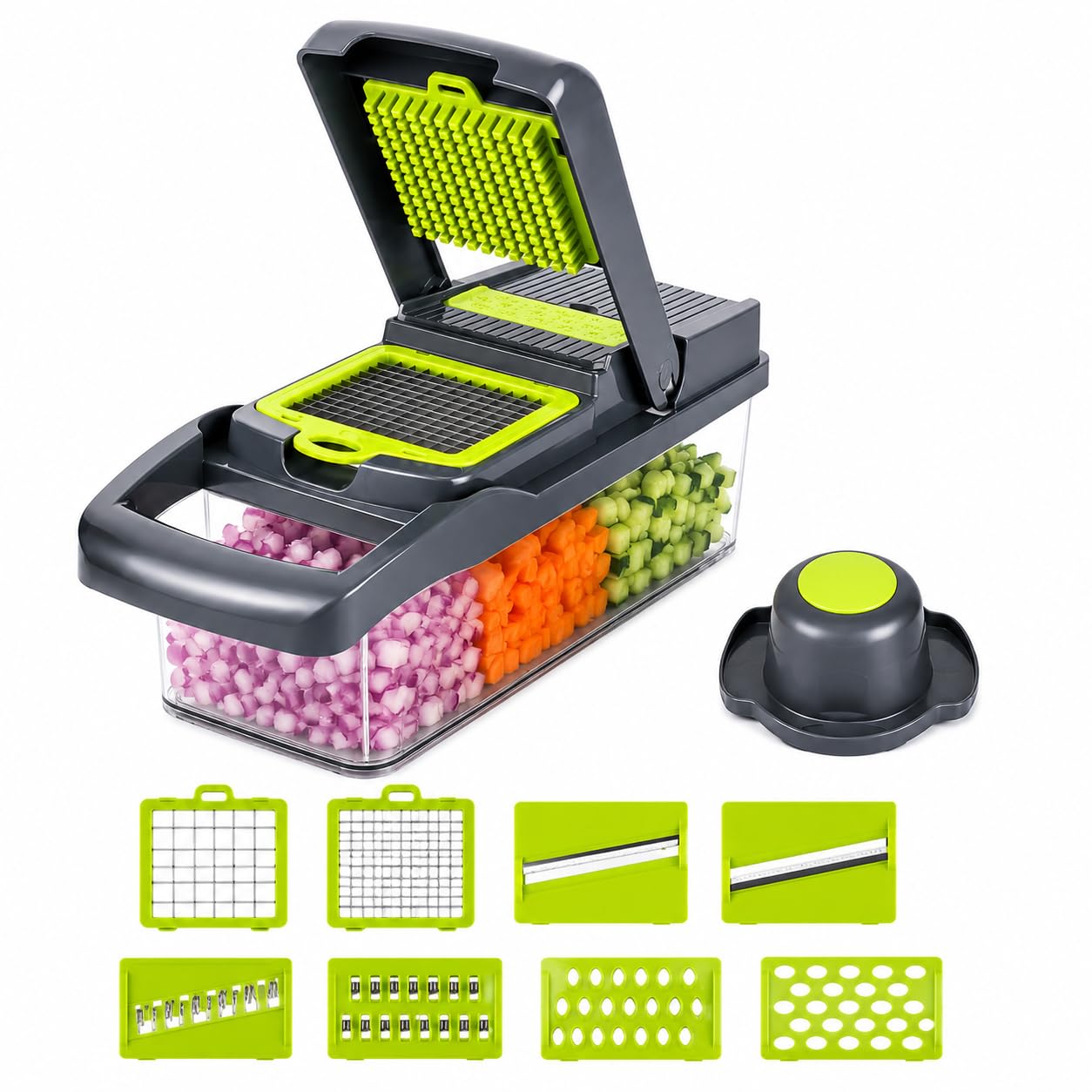 16-in-1 Vegetable Chopper with Container, Multifunction Food Chopper, Onion Dicer, Mandoline Slicer, Vegetable Cutter, Cheese Grater, Spiralizer & Kitchen Prep Tool