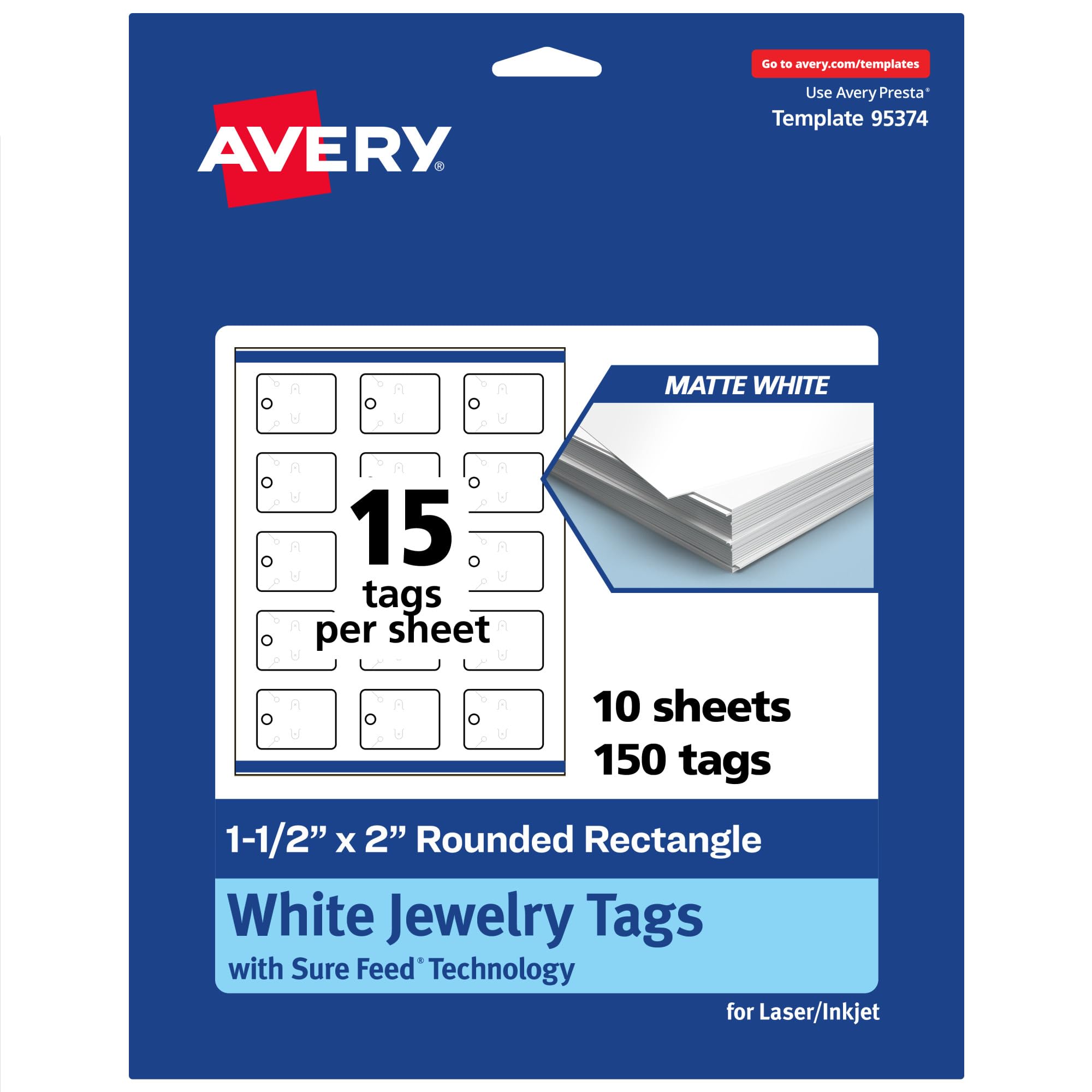 Avery Printable Rounded Rectangle Jewelry Tags, Sure Feed Technology, 1-1/2" x 2", Matte White Cardstock, Print-to-The-Edge, Laser/Inkjet Printable,