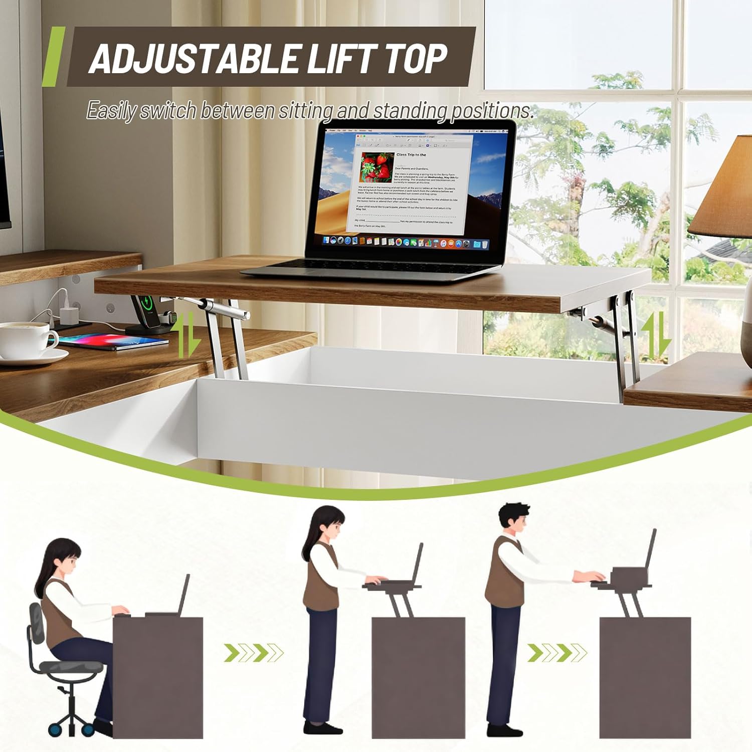 Farmhouse 63" L Shaped Standing Desk, Corner Computer Desk with Drawers, Office Desk with File Drawers with RGB Lighting & Charging Station, Monitor Stand and Storage Shelves, White and Walnut