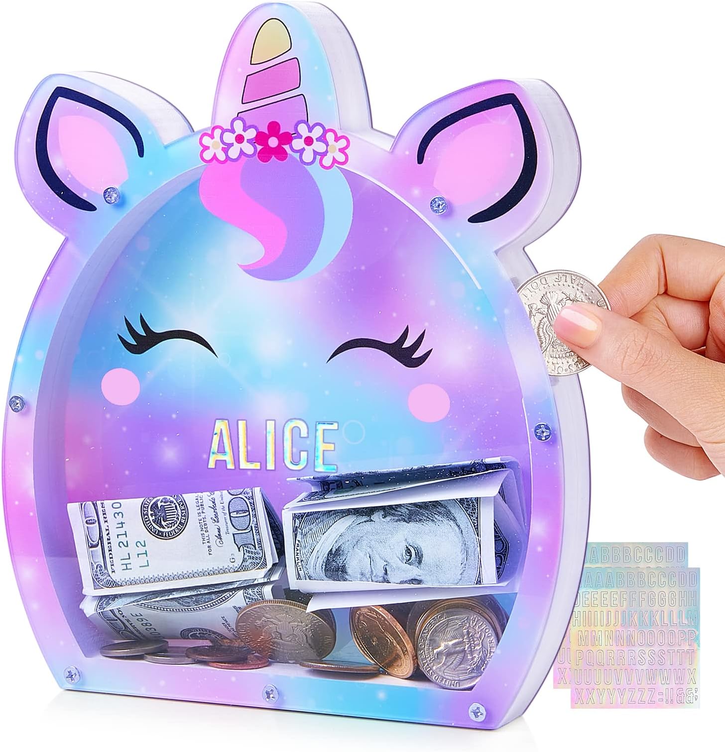 Piggy Bank Girls Customize Name Coin Bank Unicorn Money Bank for Kids Girl Gifts, Transparent Piggy Banks Unicorns Gifts for Girls with Letter Stickers