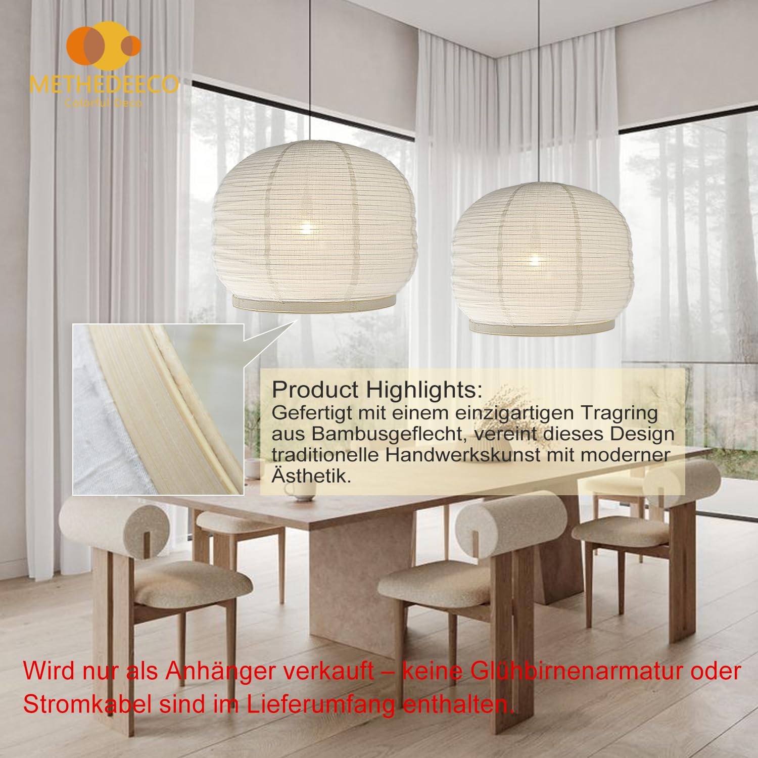 METHDEECO Lámpara Colgante 45 x 35 cm Tela y Bambú con Enchufe | Hecha a mano, Estilo bohemia/japonesa, Con interruptor, Para dormitorio, salón, comedor, Sin bombilla