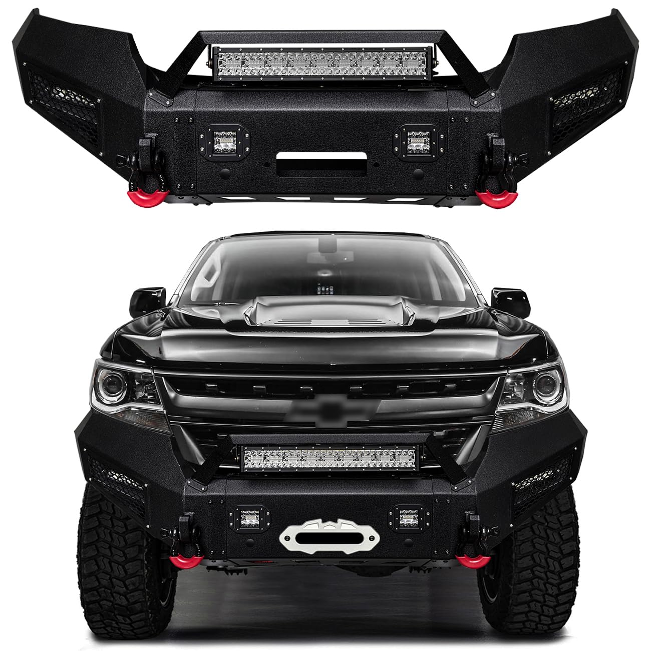 VISIDA Compatible with 2015-2016-2017-2018-2019-2020-2021-2022 Chevy Colorado Front Bumper Textured Black Steel with Lights and D-rings (Excl. ZR2)
