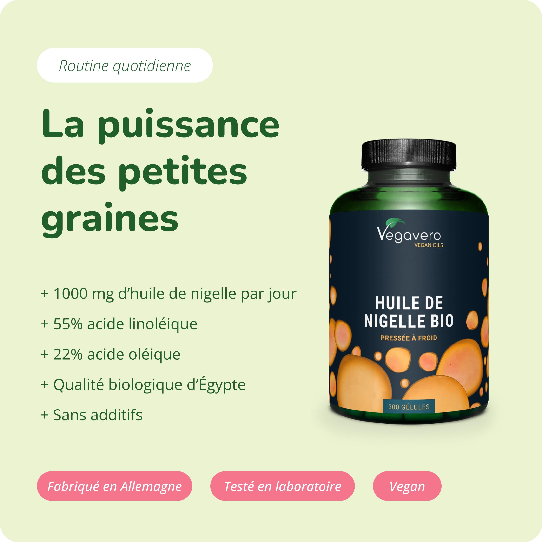 Nigelle BIO & VEGAN | 300 Gélules | 1000mg d’Huile de Cumin Noir | Immunité + Peau | Avec Thymoquinone & Acide Linoléique (Oméga 6) | Pressé à Froid | Vegavero®