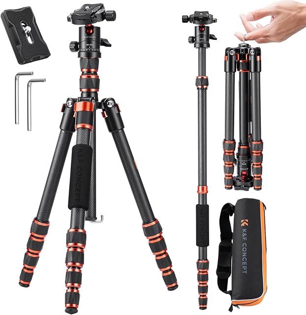 K&F Concept 60 Trépied de caméra en fibre de carbone,Trépied compact léger avec 360 Degré Tête de balle, Plaque de libération rapide, Monopode amovible 17.64lbs Capacité de charge pour SLR DSLR A225C0+BH-25L