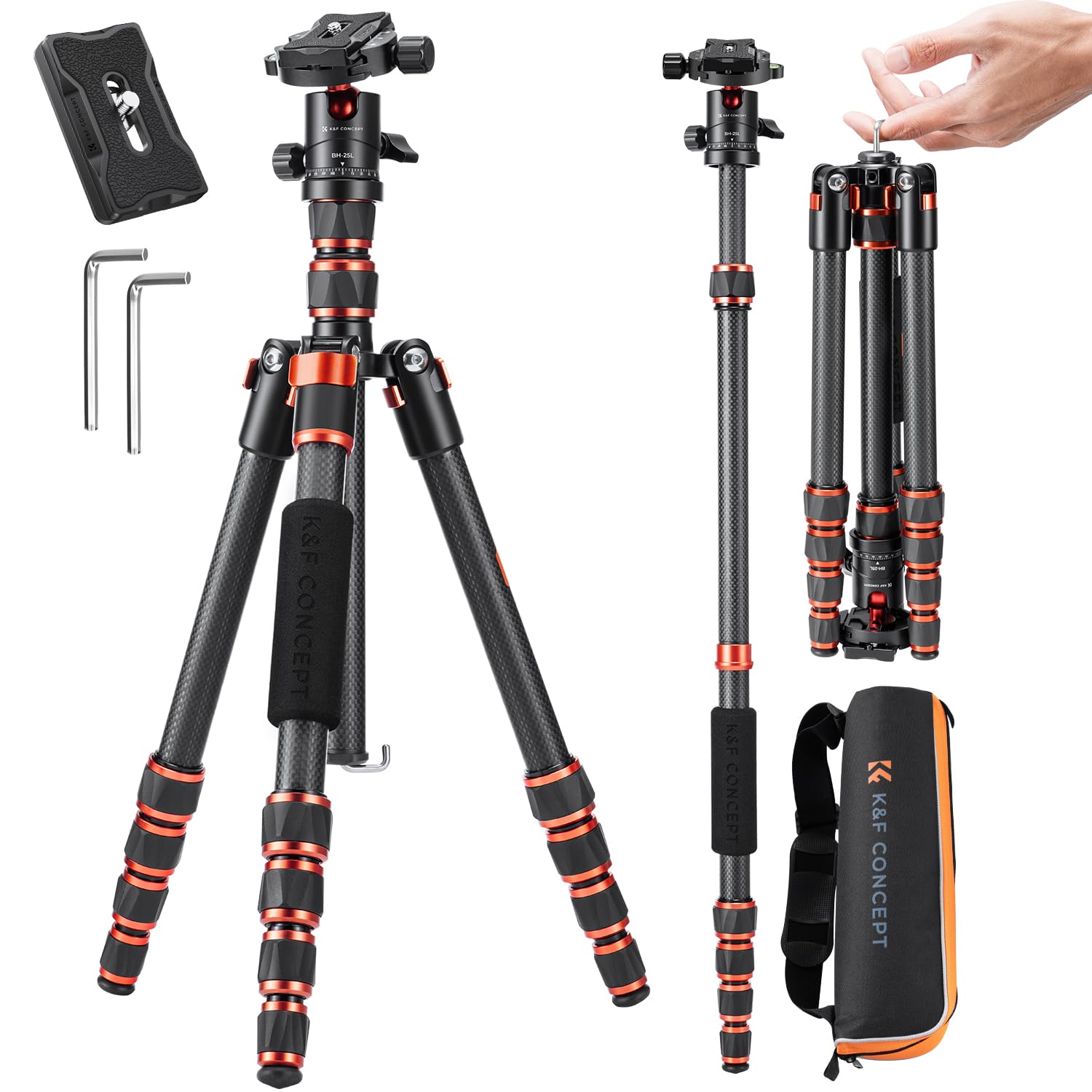 K&F Concept 60 inch Carbon Fiber Camera Tripod,Lightweight Compact Tripod with 360 Degree Ball Head,Quick Release Plate,Detachable Monopod 8KG Load Capacity for SLR DSLR C225C0+BH-25 (BA225)