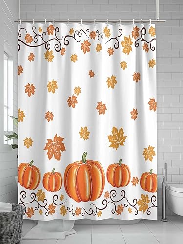 Vista 8 de Vandarllin Cortina de ducha de hojas de arce otoñal, juego de cortinas de ducha con calabazas de acuarela de Acción de Gracias con ganchos, tela