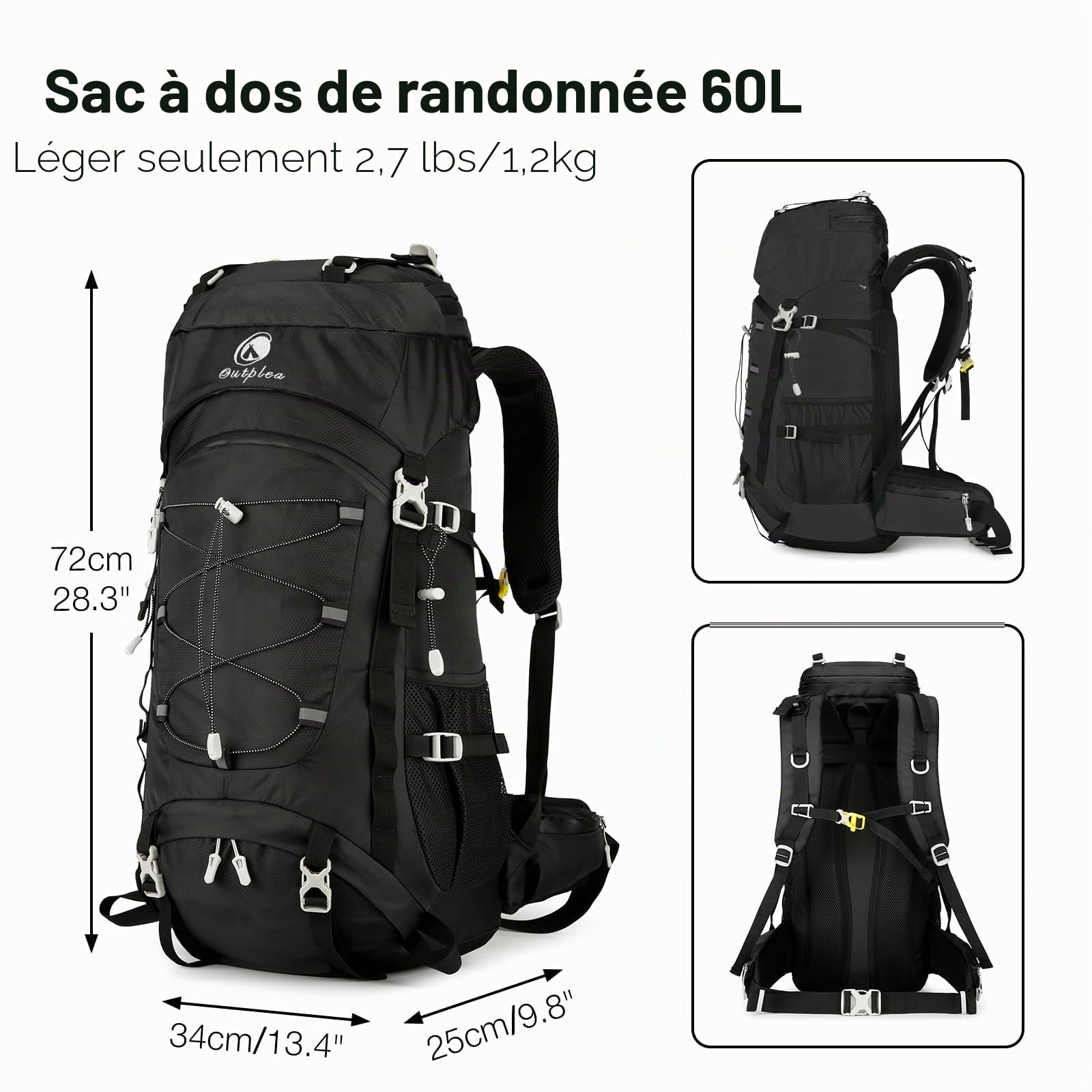 Sac à dos de randonnée imperméable 60 L pour homme et femme avec housse de pluie, dos en maille