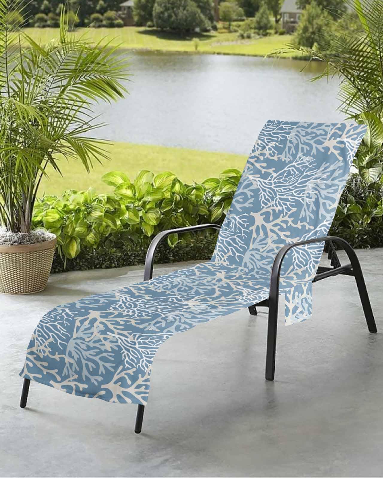 Summer Ocean Coral Beach Chair Towel Covers for Chaise Lounge With Side Pocket, Soft Plush Pool Towels Cover for Patio Sunbathing Outdoor Nautical Coastal Sea Ombre Solid Blue 29''x85''
