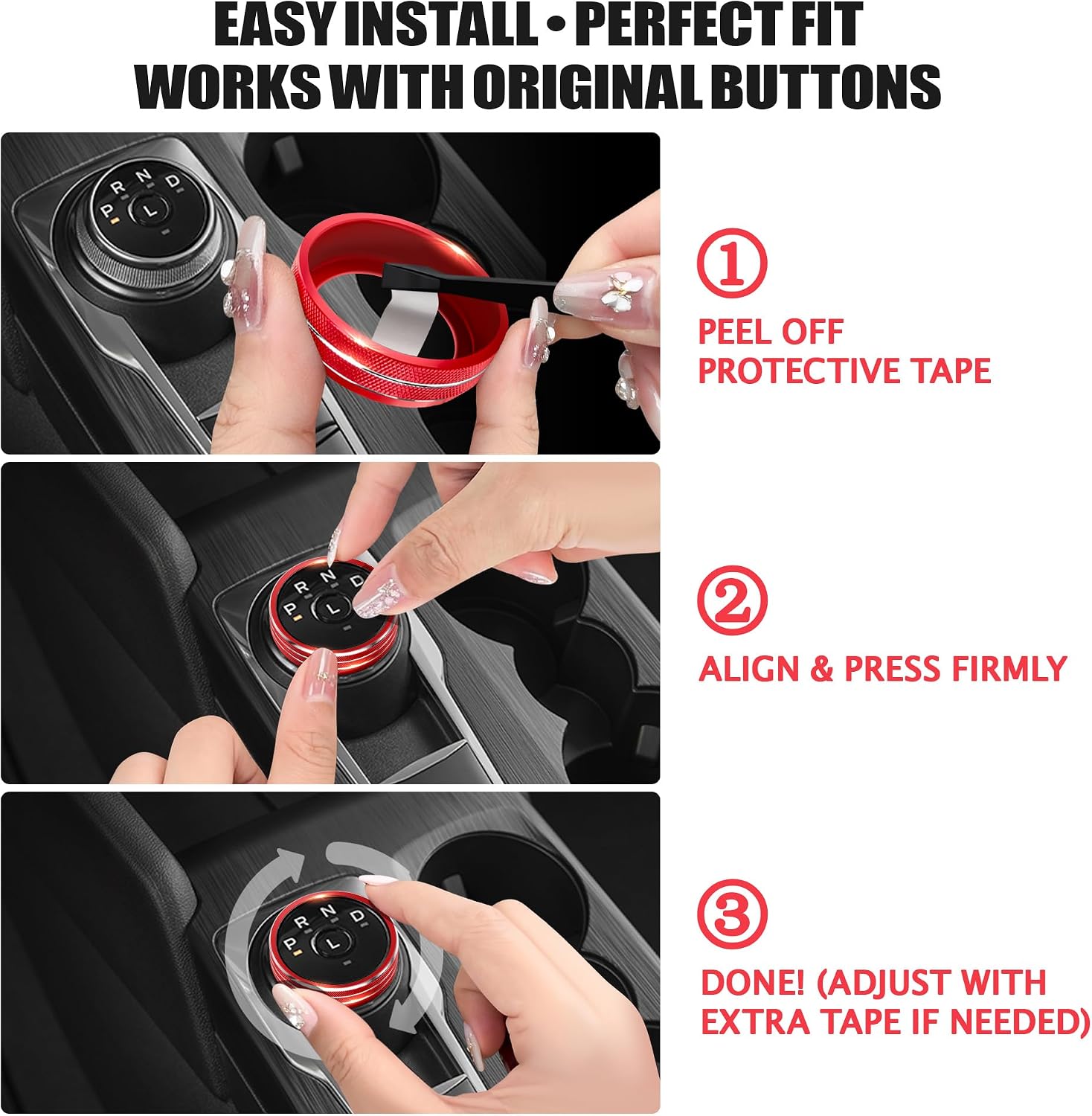 for 2023-2026 Ford Escape Accessories, 4PCS Aluminum Alloy Knob Covers Trim Set (Red)- Push Start Button, Volume, Headlight & Gear Shift