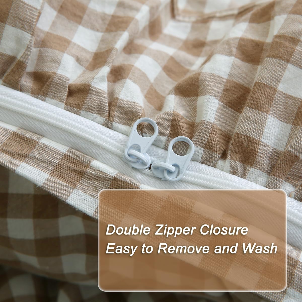 Taupe/White Plaid Ruffle Duvet Cover King Size,100% Washed Cotton 3 Pcs Vintage Checkered Chic Gingham Bedding Set Comforter Cover Set