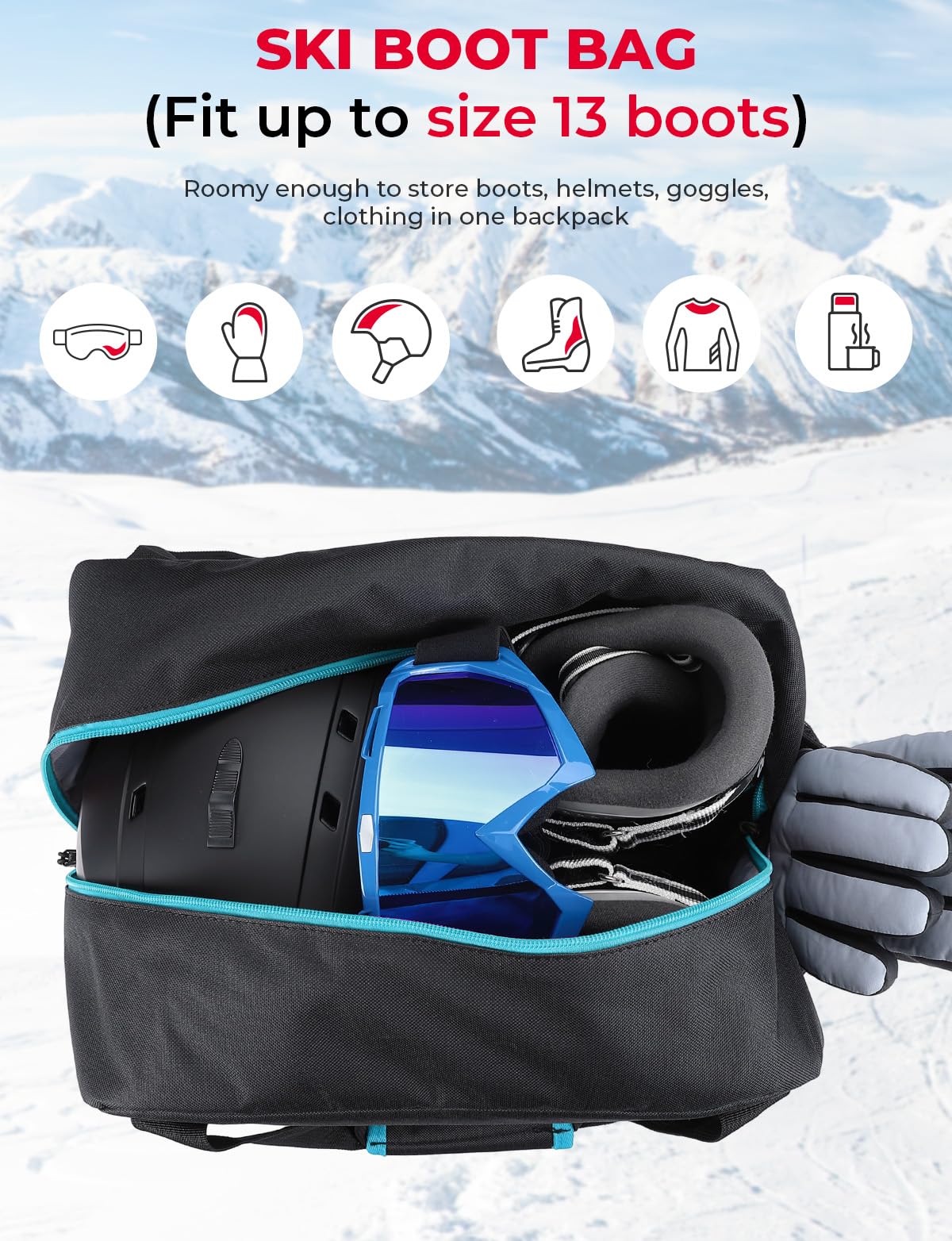 KEMIMOTO Skitasche und Skischuhtasche Combo, Stiefeltasche für Ski bis 200cm, 25L Skischuhtasche für Skiausrüstung, wasserdichte Skisack mit Lüftungsgitter, Robuste Skibag für Skifahren