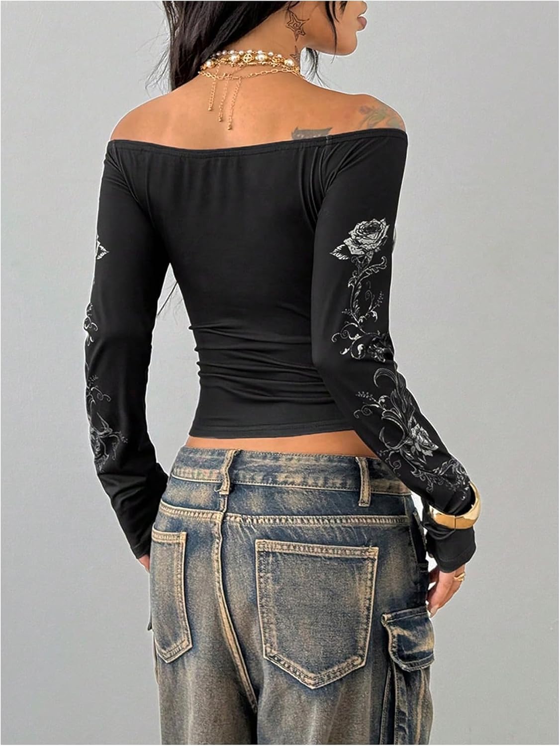 SweatyRocks Women's Gothic Cross Wing Graphic T Shirts Off Shoulder Long Sleeve Fitted Tees Streetwear - Image 3