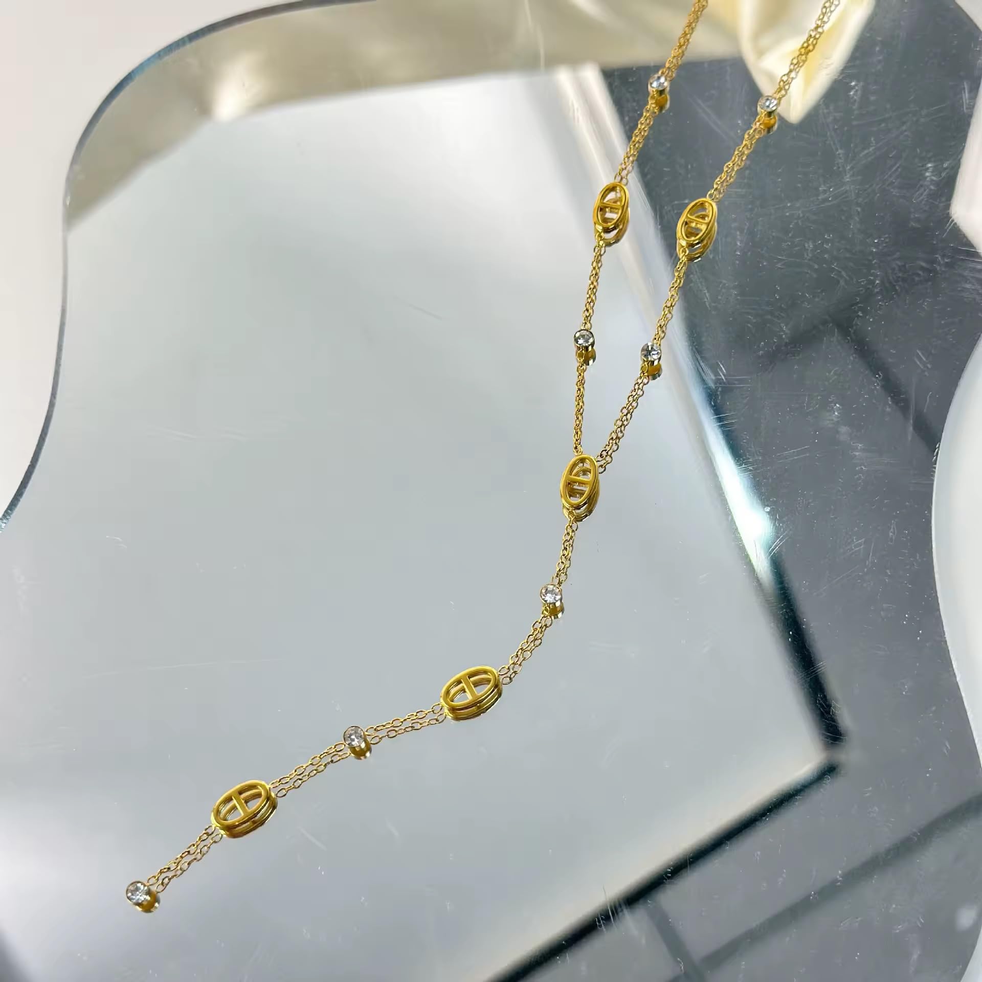 collier sautoir chaine en y - pendentif nez de cochon et strass - maille marine - acier inoxydable- argent ou or - collier personnalisé-collier tendance