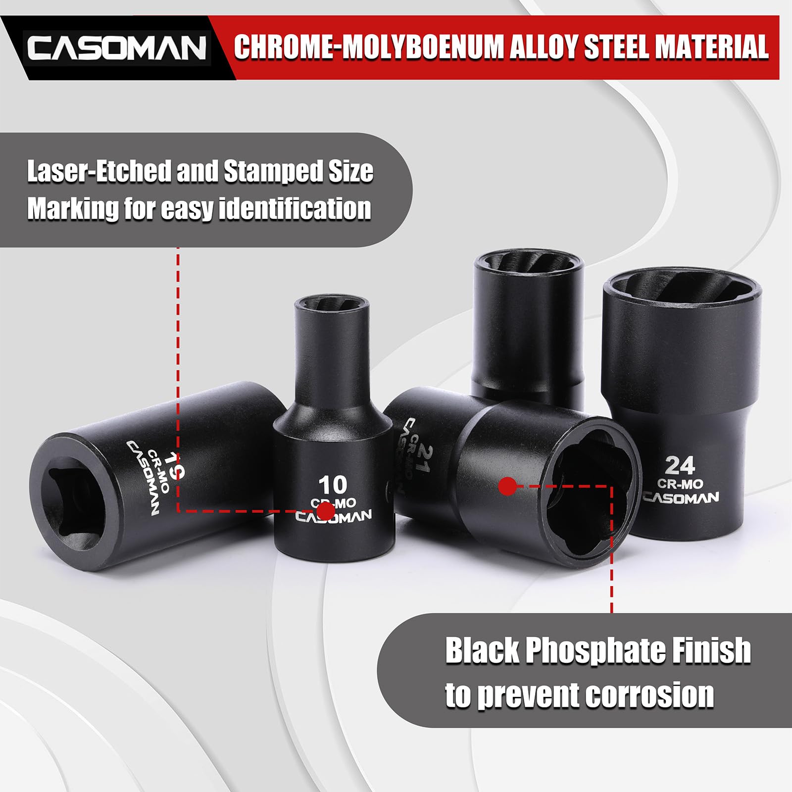 CASOMAN Set di 16 chiavi a bussola per dadi e bulloni a percussione da 1/2", include adattatore per gambo esagonale e barra a perno, per rimuovere elementi di fissaggio arrotondati danneggiati