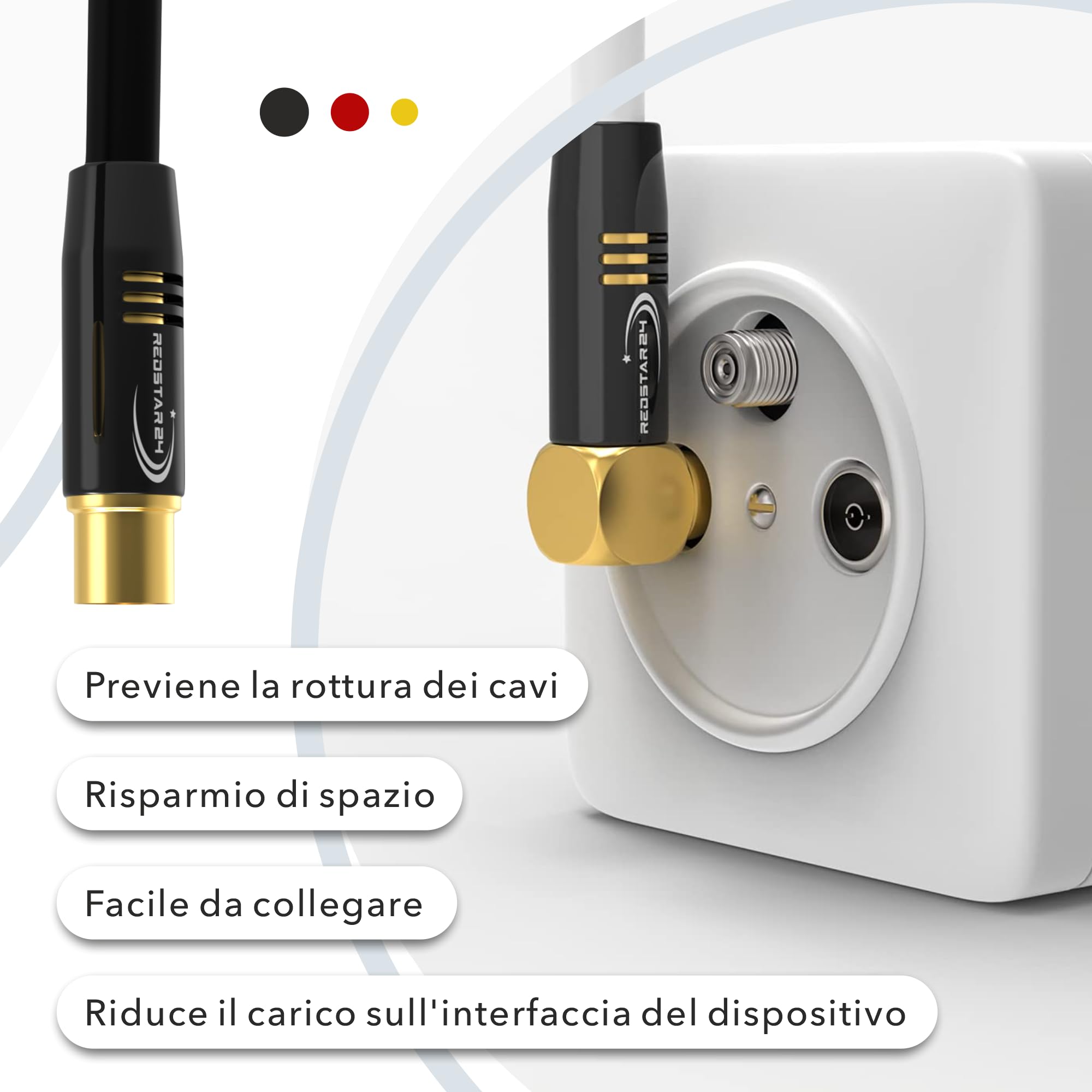 RedStar24 Cavo Antenna 3m Nero - Maschio a Femmina 90° Angolato Coassiale - Cavo Coassiale HDTV Premium per la TV via cavo | Cavo TV: Compatibile con TV, Radio, DVB-T/T2, DVB-C, DAB