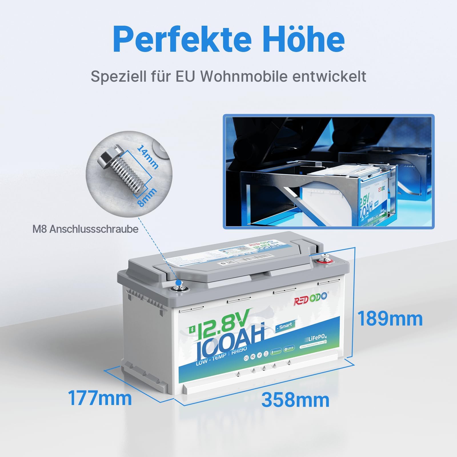 Redodo Akumulator litowy Bluetooth 12 V 100 Ah o wysokości 189 mm, 4000+ cykli, inteligentny BMS i ochrona przed niską temperaturą do samochodów kempingowych, na kemping, do przechowywania i łodzi, 3