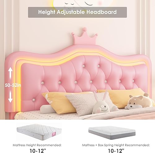 Miniatura 6 de Keyluv Base de cama LED tapizada de tamaño matrimonial con cajón de almacenamiento, cama de plataforma de princesa de cuero con cabecera de corona