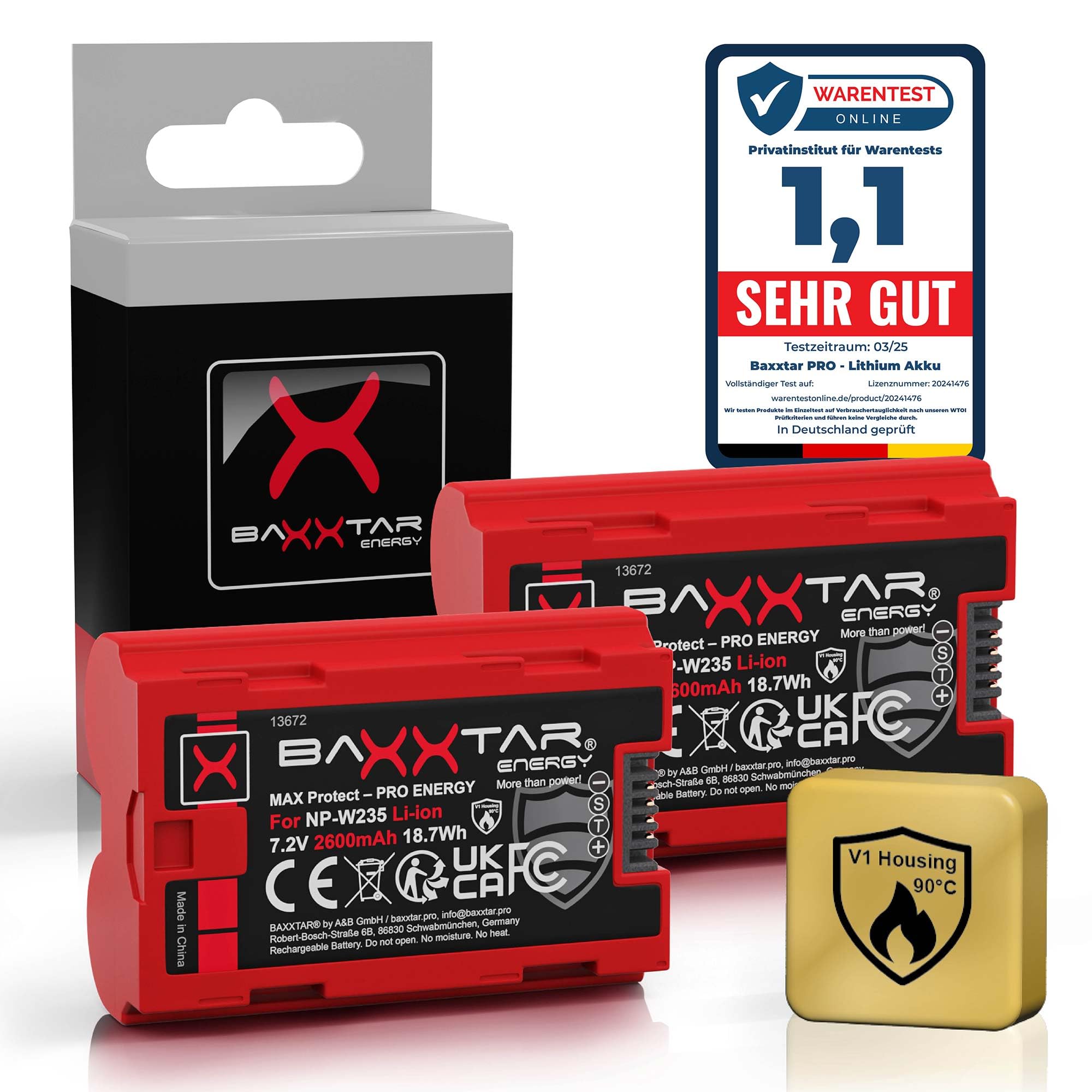 Baxxtar 2X MaxProtect Batterie NP-W235 2600mAh Remplacement pour Fuji NPW235 NP W235 avec capteur NTC et boîtier V1 Compatible avec Fujifilm GFX-50s II GFX-100S GFX-100 II X-H2 X-H2S X-S20 X-T4 X-T5