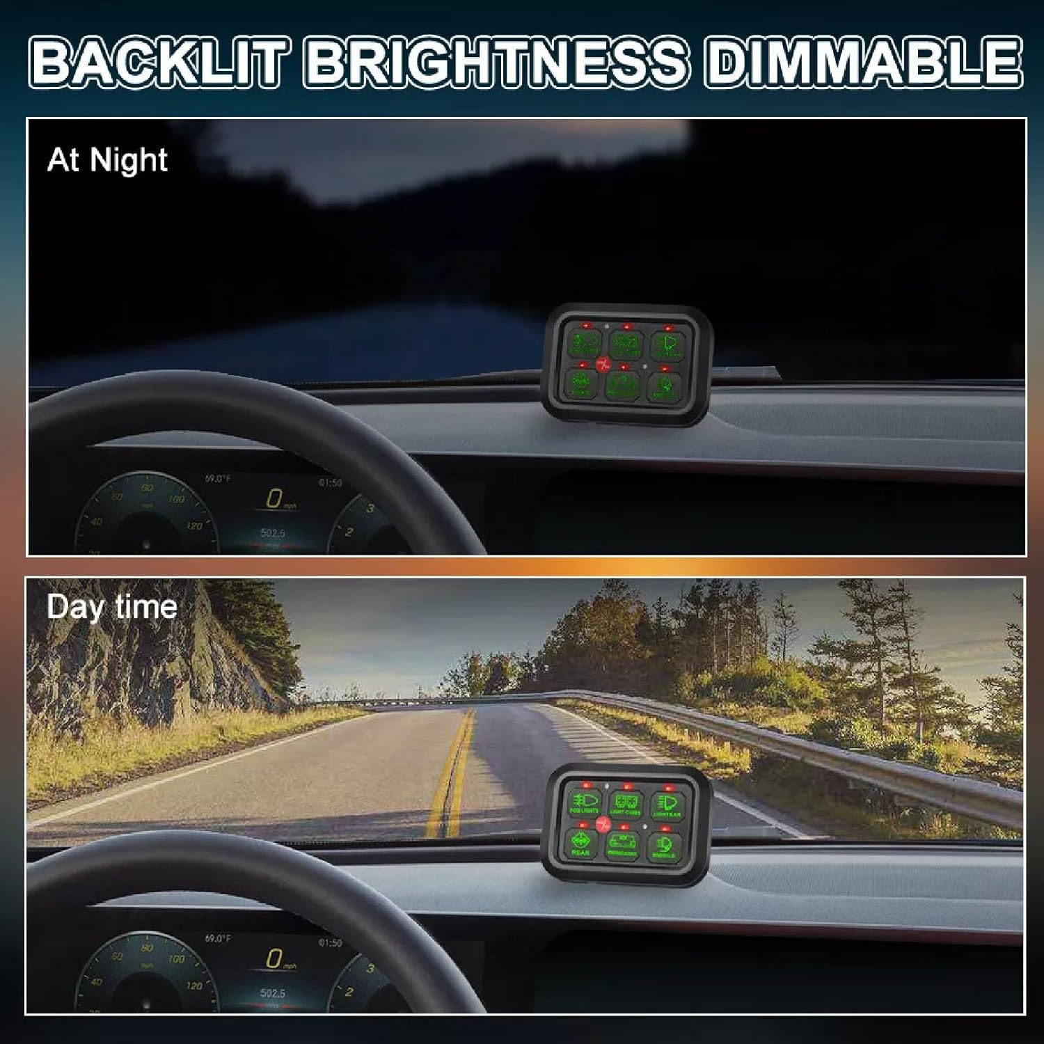 6 Gang 12V Switch Panel, Dimmable Aluminum Shell, 720W 60A Circuit Control Box - Overload Protection, Plug and Play, Compatible with Car Truck Boat UTV ATV (Green Light)