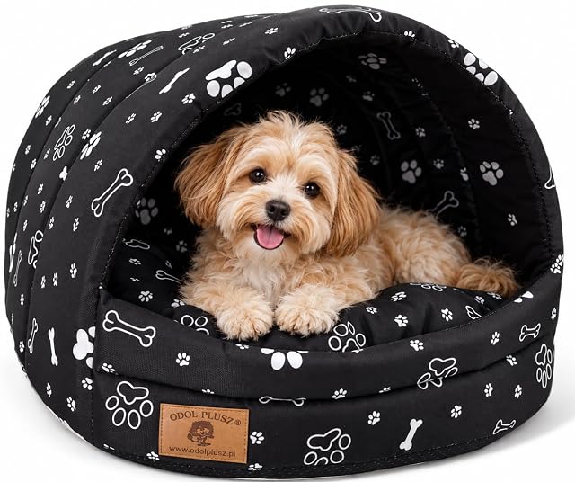 ODOLPLUSZ Caseta para perros exclusiva casa para perros o gatos, 2 tamaños, cómoda y lavable (negro con patas