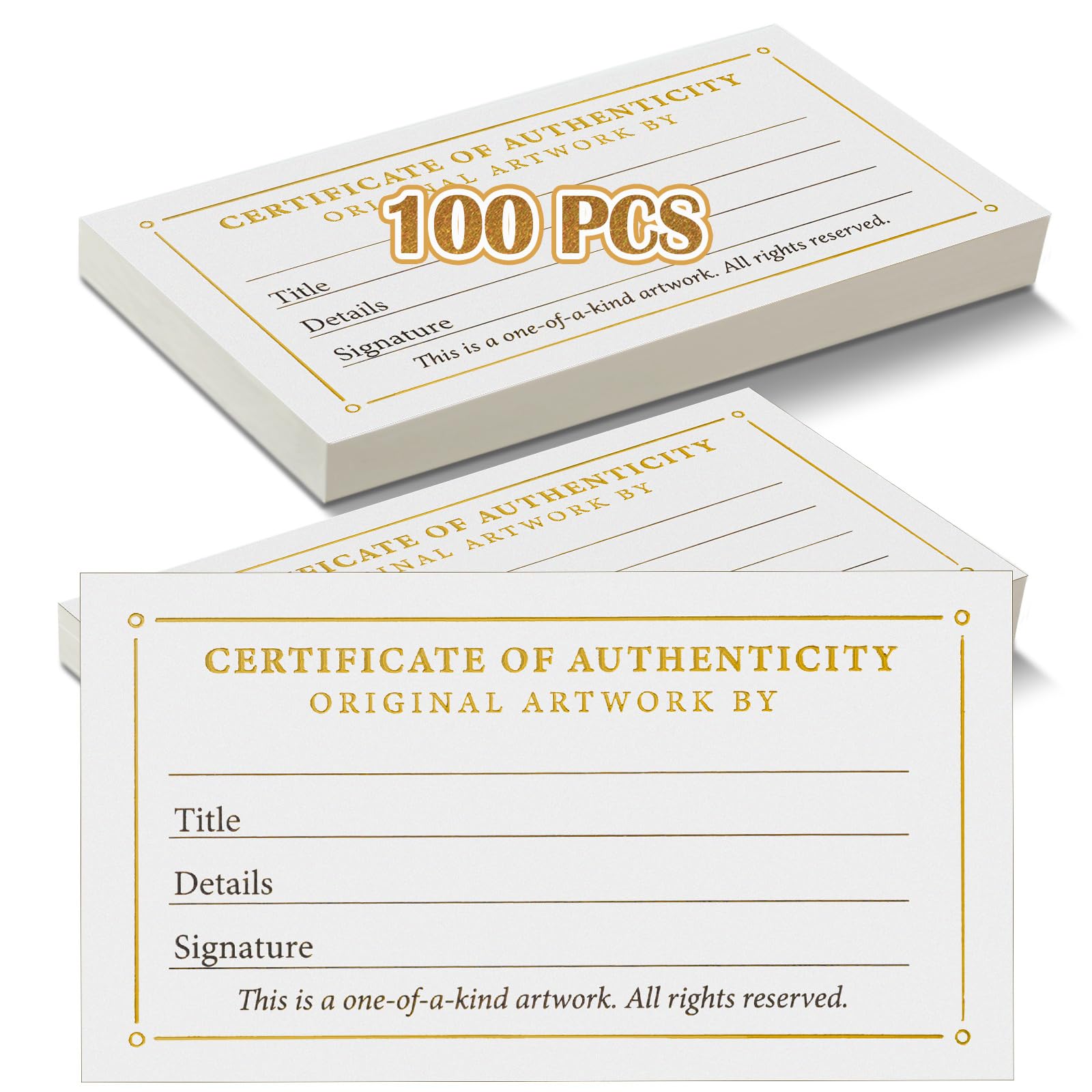 Resurhang 100 Pcs 3.5 x 2 Inch Certificate of Authenticity for Original Artwork Gold Foil Premium Certificates Valuations Collectibles Gifts for Professional Artists Artisans Handicraft Art Galleries