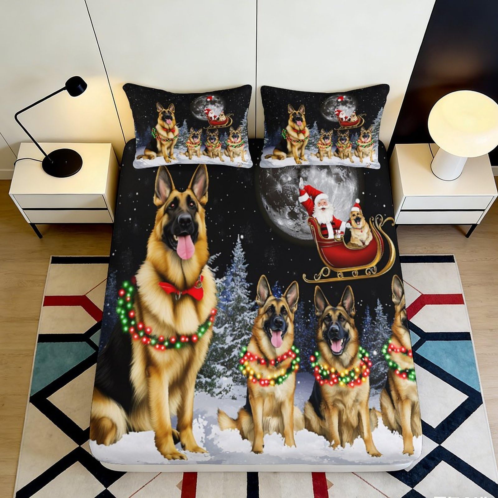 3D Printed German Shepherd Christmas Fitted Sheet Microfiber Black Night Mattress Cover for Bedroom Guest Room Decor 90x200x25cm