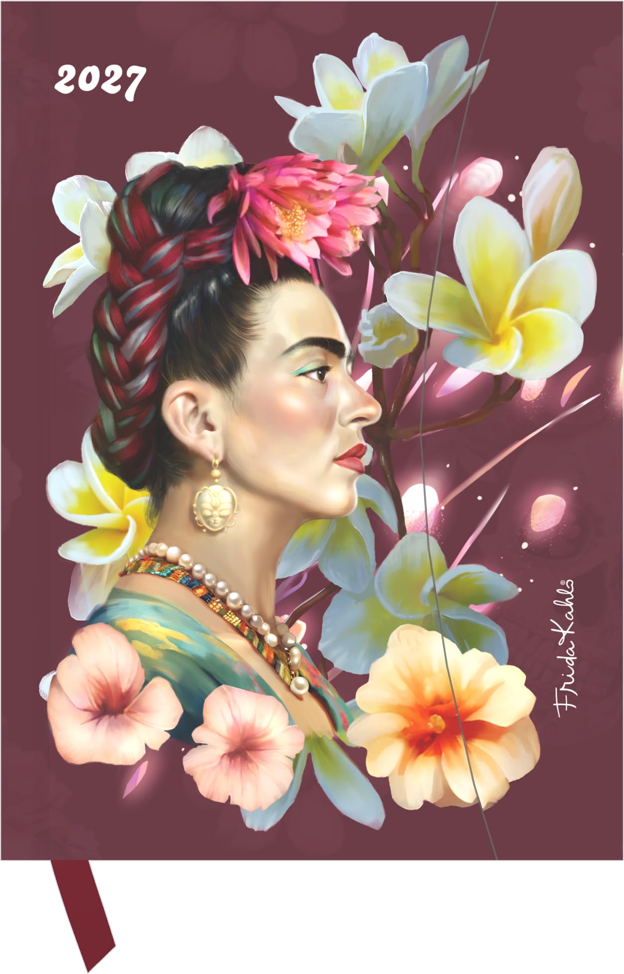 Frida Kahlo Diary 2027: Buchkalender 16x22 cm - Wochenplaner mit Magnetverschluss, Lesebändchen, internationeln Feiertagen & Tasche für Visitenkarten, für Beruf, Schule & Alltag