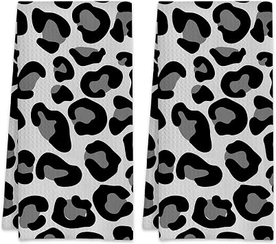 Black Leopard Animal Skin Hand Towels for Bathroom Set of 2,Absorbent Waffle Weave Kitchen Towels,Decorative Modern Bathroom Towel for Bath,Guest,Shower 16 X 24 Inch