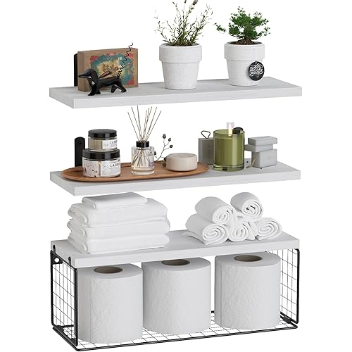 WOPITUES Bathroom Shelf Over Toilet, Floating Bathroom Shelf Wall Mounted with Wire Basket, Floating Shelf for Wall Décor-Modern White