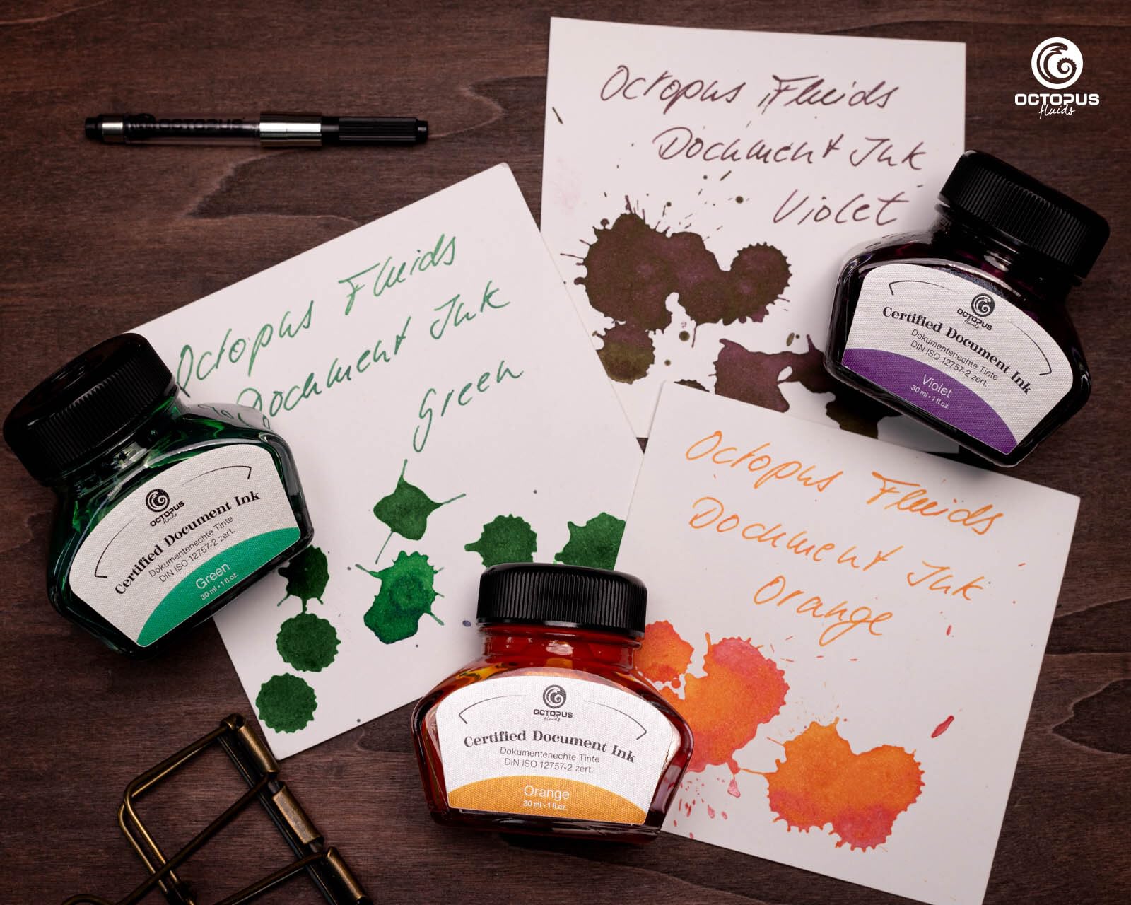 Octopus Fluids Document Ink Lot de 3 cartouches d'encre 30 ml orange, vert, violet, certifiée selon la norme DIN ISO 12757-2