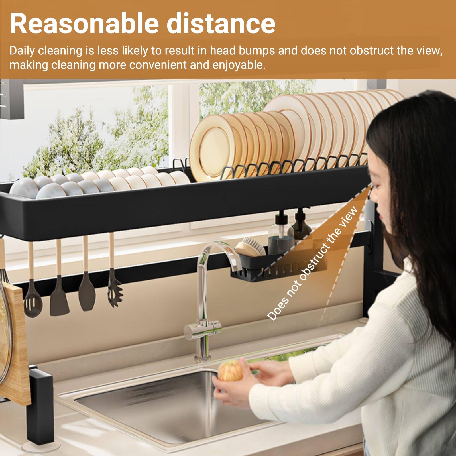 Escurridor de platos sobre fregadero, acero al carbono de 2 niveles con soporte extraíble para cubiertos, diseño que ahorra espacio para platos, vasos y cubiertos