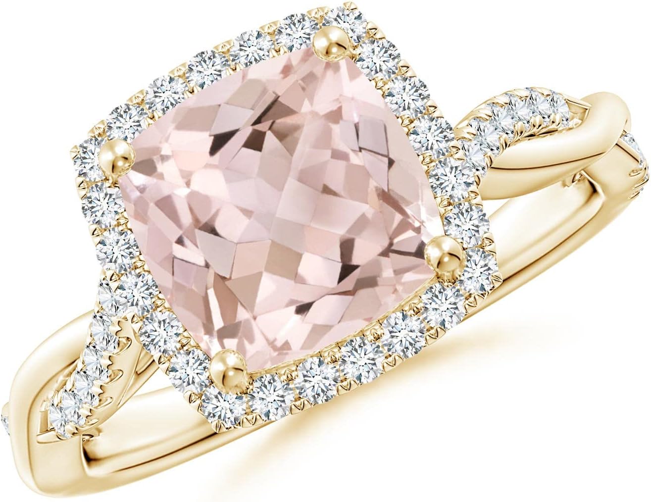 Angara Natural Morganite Engagement Ring for Women | Twisted Shank Cushion Morganite Halo Engagement Ring in Yellow Gold | April Birthday, Gemstone Jewelry Gift | A | 8mm | Ring Size- 7
