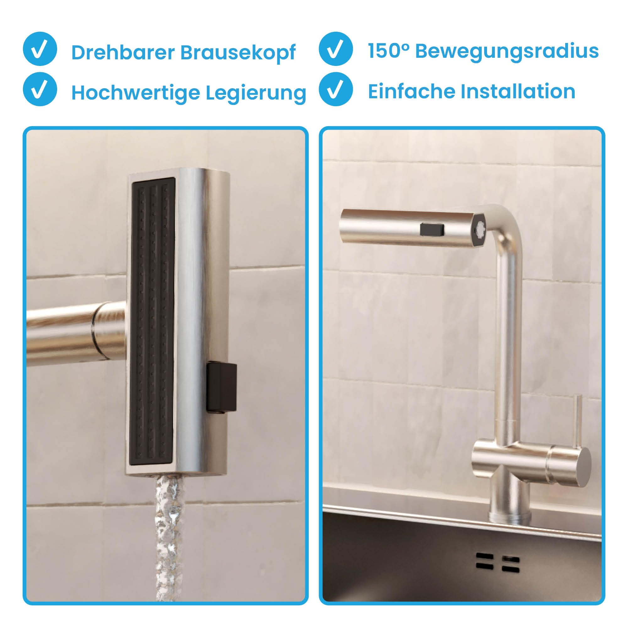 Bächlein Küchenarmatur Erino (Edelstahl gebürstet) – Schwenkbare Einhand-Spültischbatterie mit 3 Strahlarten – Küchen-Wasserhahn mit ausziehbarer und drehbarer Brause und Wasserfall-Funktion