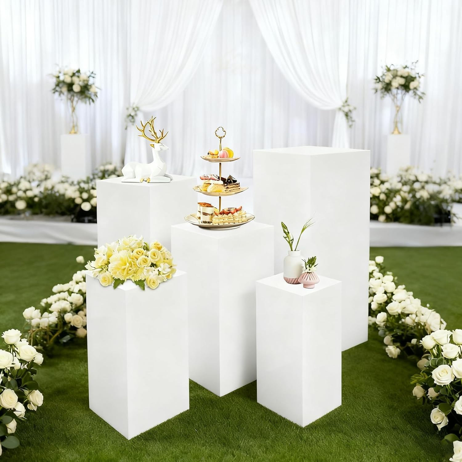 5Pcs Square Pedestal Stand, White Metal Plate Stands for Display Metal Display Plinth Pillars for Wedding Party Birthday Decor